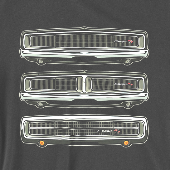 Person wearing a black t-shirt with car grille design on the back, standing against a brick wall.