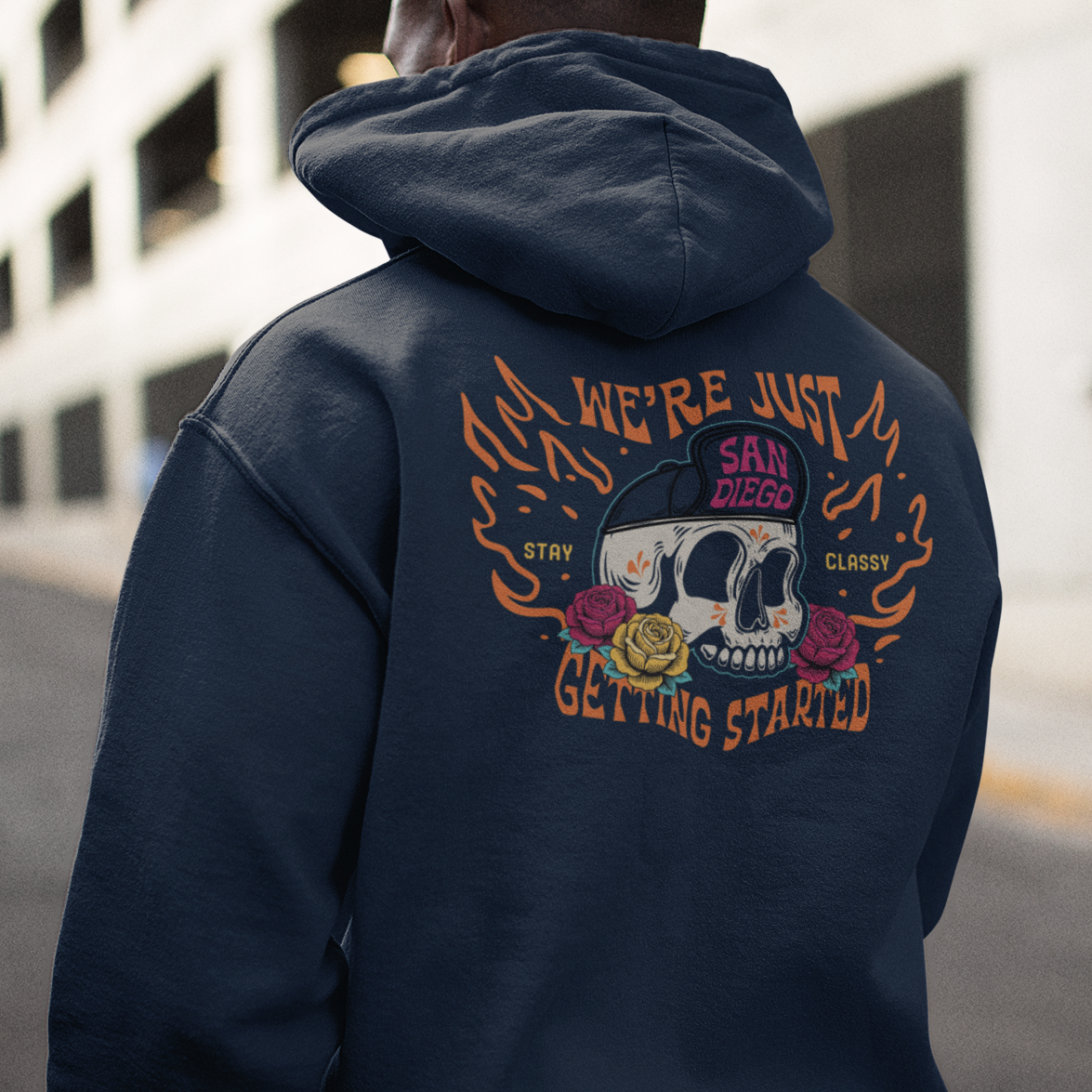 San Diego City Baseball Hoodie: We’re Just Getting Started Skull Design Game Day Apparel