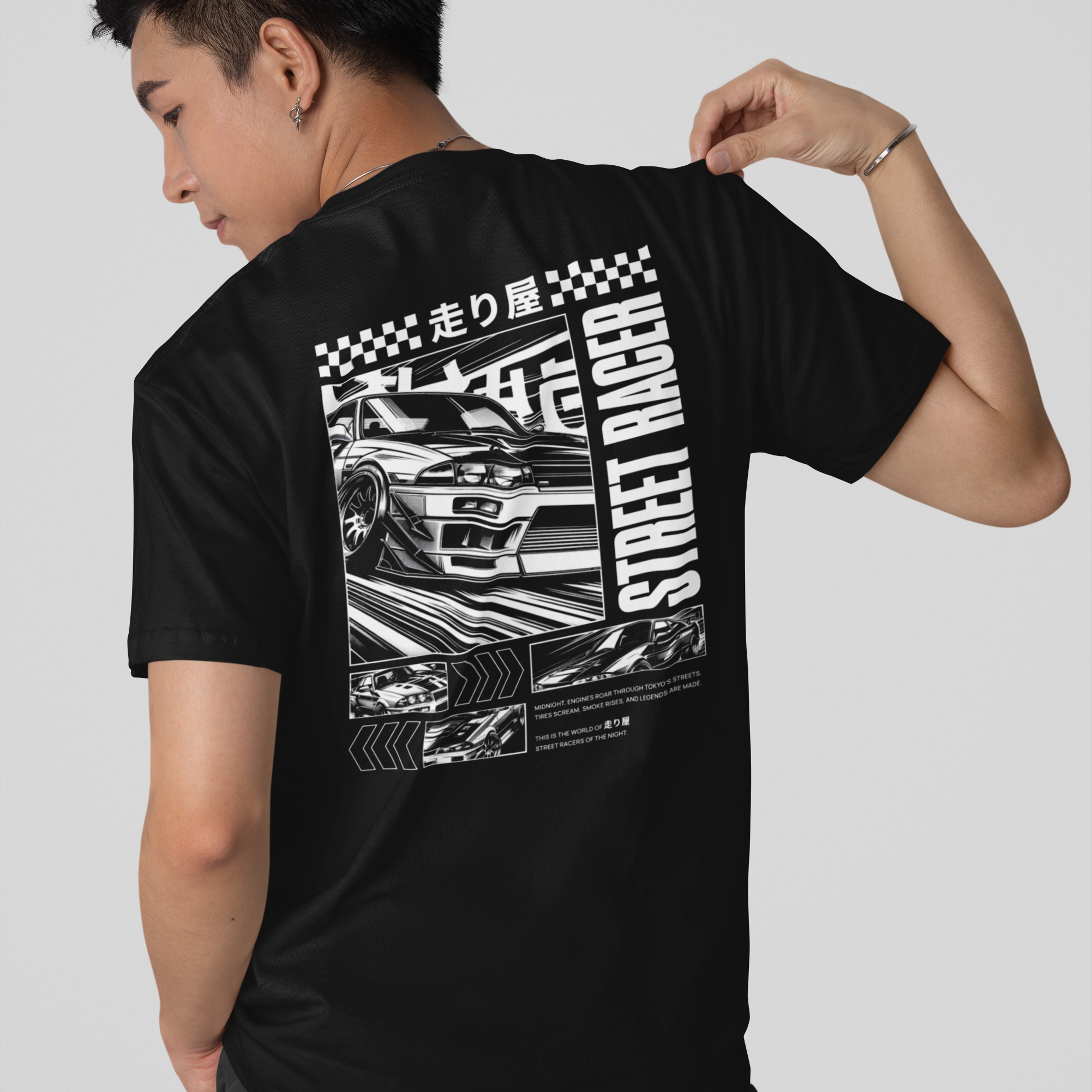走り屋 JDM Street Racer Comic Style with Japanese Characters. Car and Racing Japanese Drift Culture