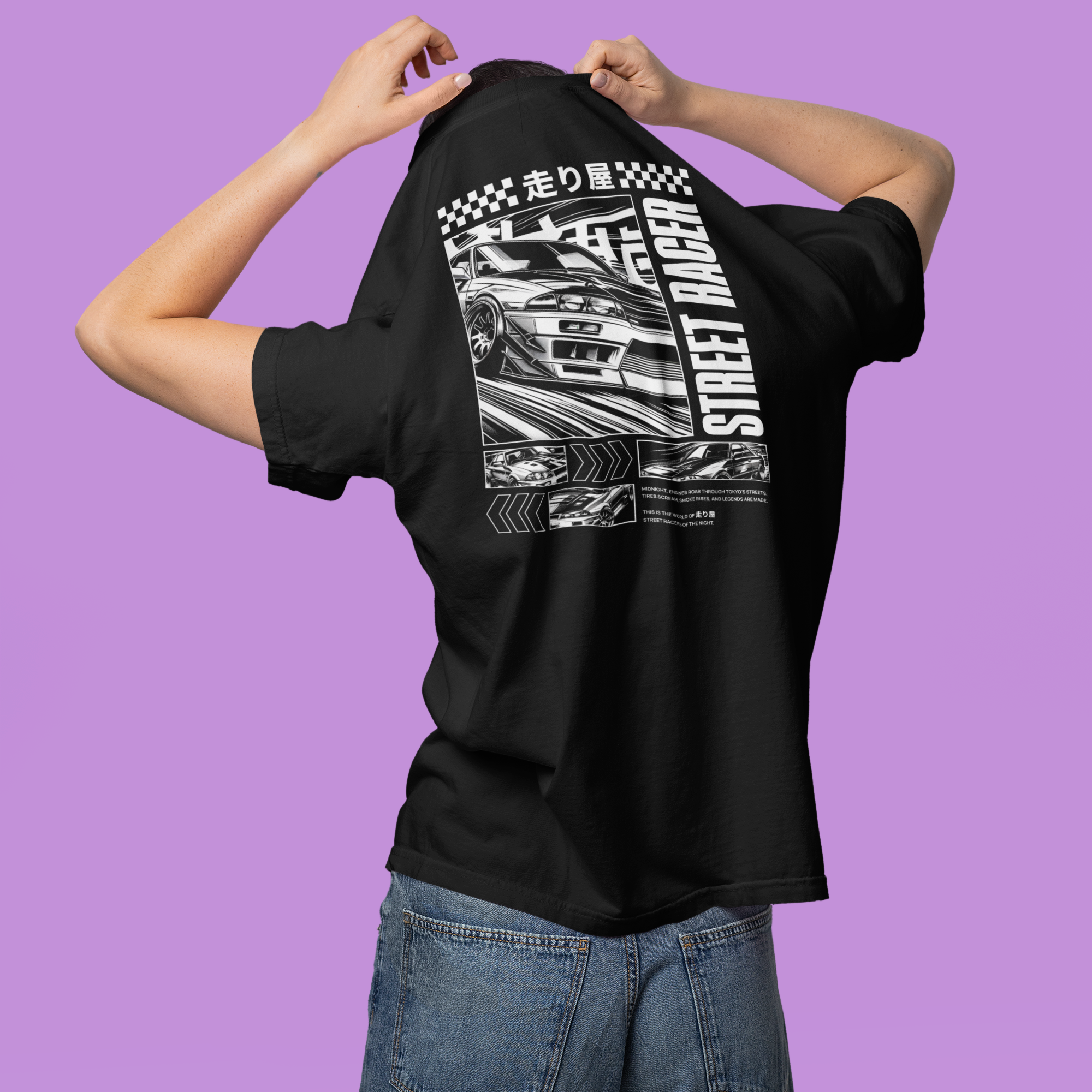 走り屋 JDM Street Racer Comic Style with Japanese Characters. Car and Racing Japanese Drift Culture