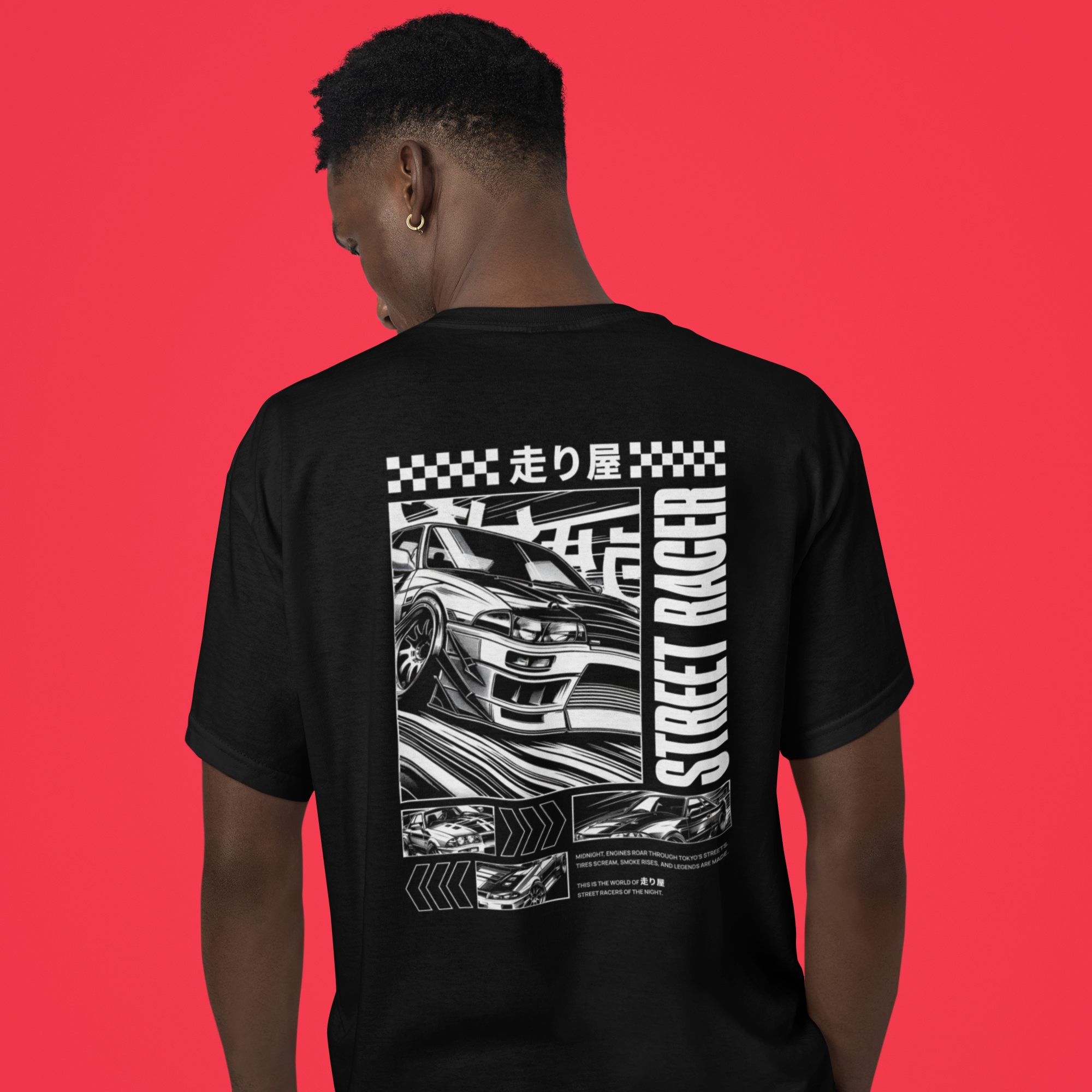 走り屋 JDM Street Racer Comic Style with Japanese Characters. Car and Racing Japanese Drift Culture