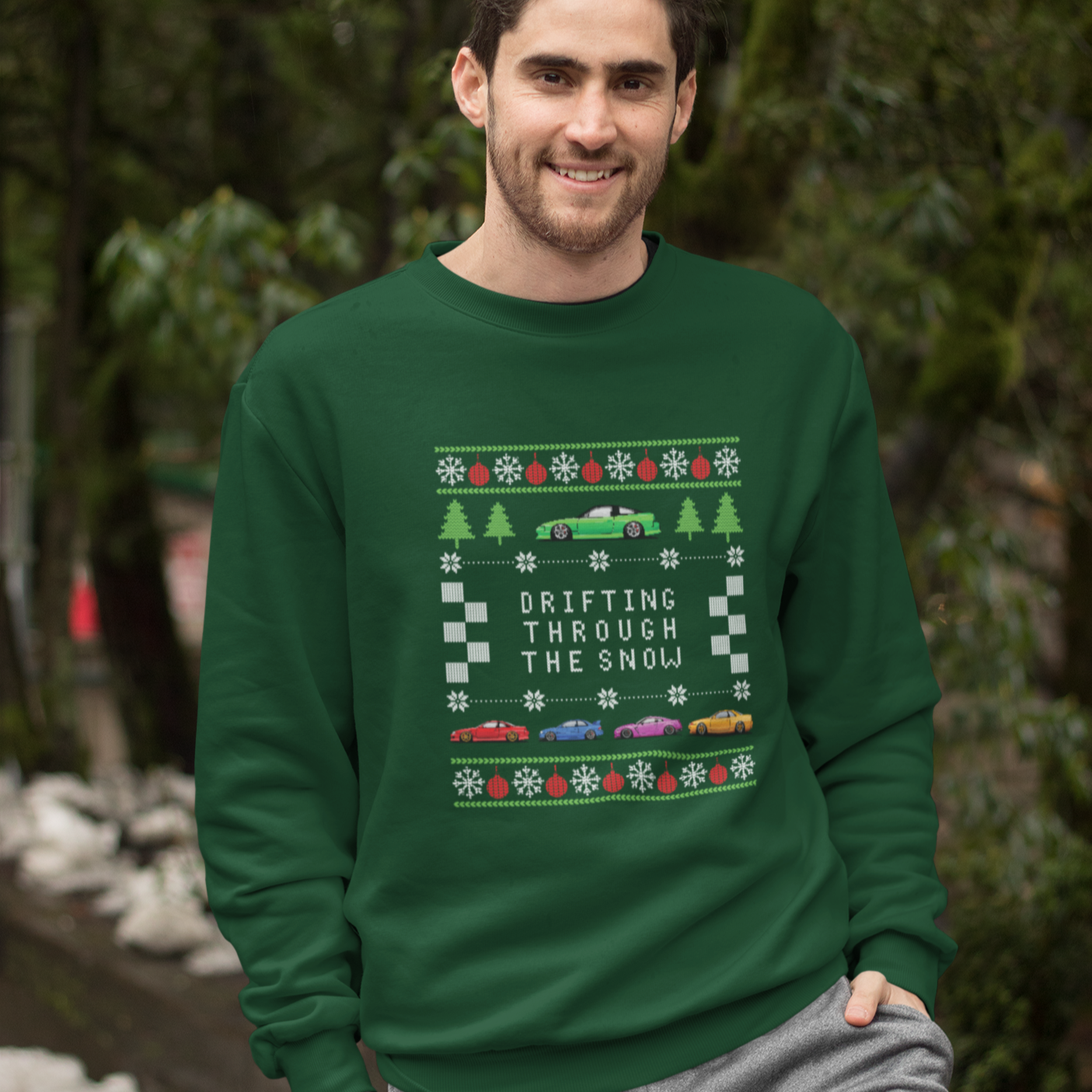 JDM Drifting Through The Snow with this Ugly Christmas Sweater. Funny Sweatshirt for Men or Woman. JDM Sweatshirt for Christmas