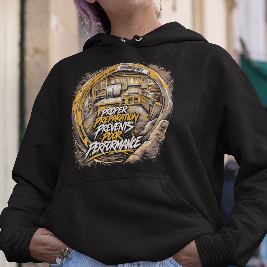 Person wearing a black hoodie with a graphic design on a city street