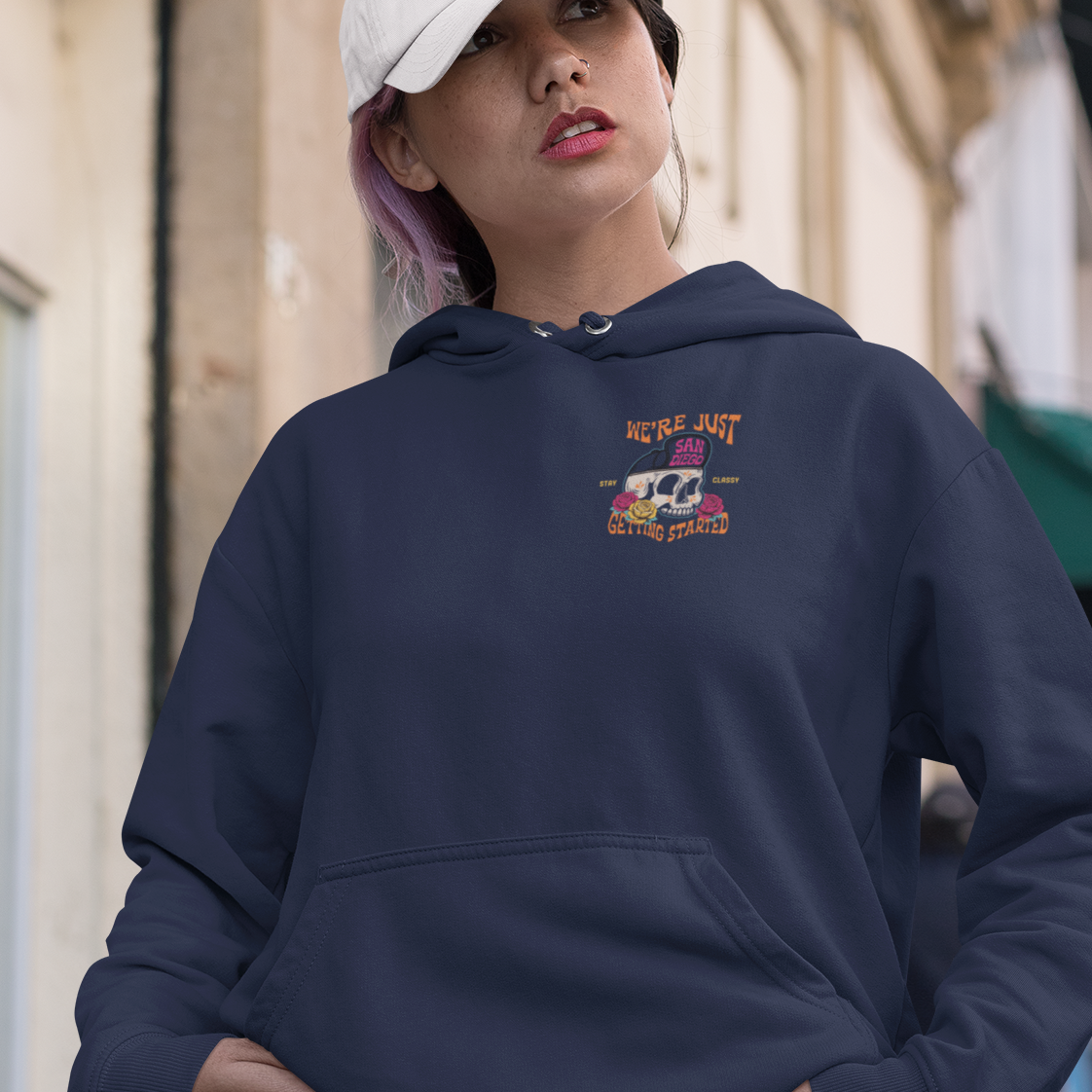 San Diego City Baseball Hoodie: We’re Just Getting Started Skull Design Game Day Apparel