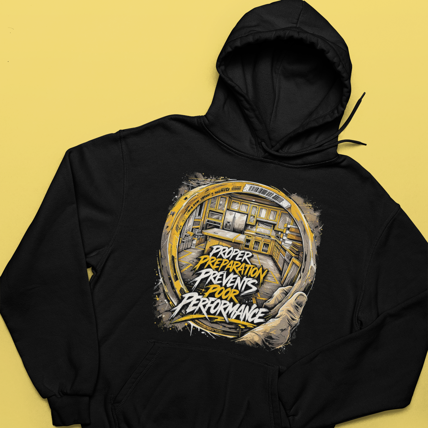Black hoodie with graphic design on a yellow background