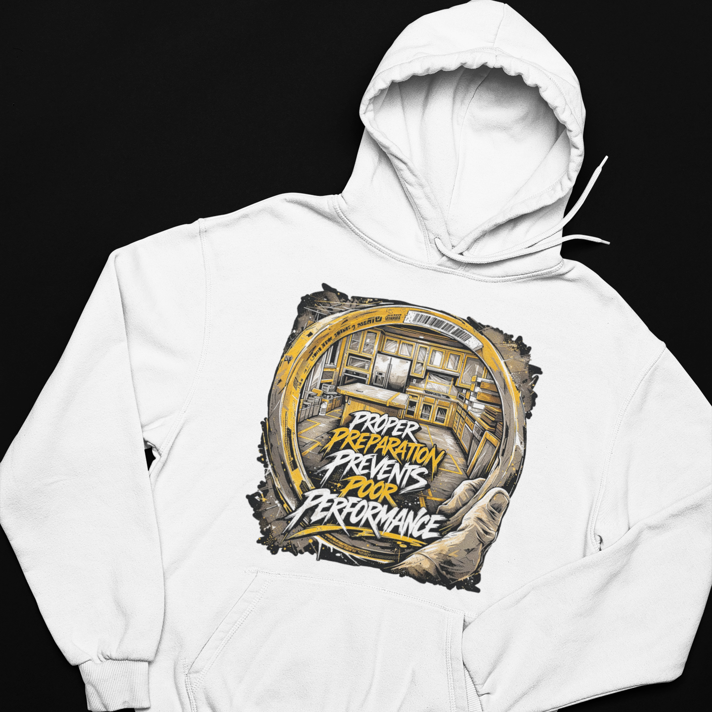 White hoodie with graphic design on a black background