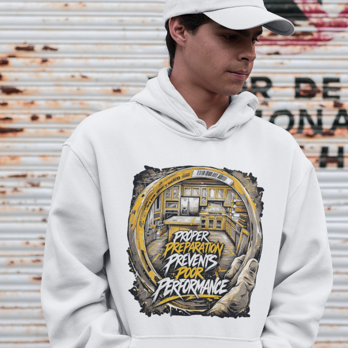 Person wearing a white hoodie with a graphic design in front of a graffiti-covered wall.