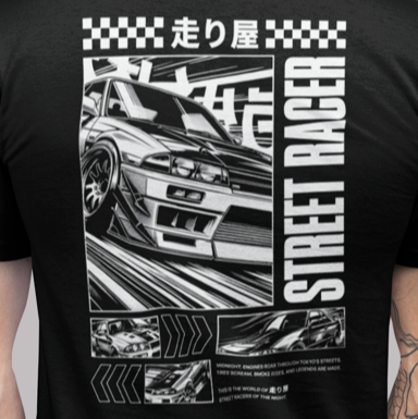 走り屋 JDM Street Racer Comic Style with Japanese Characters. Car and Racing Japanese Drift Culture